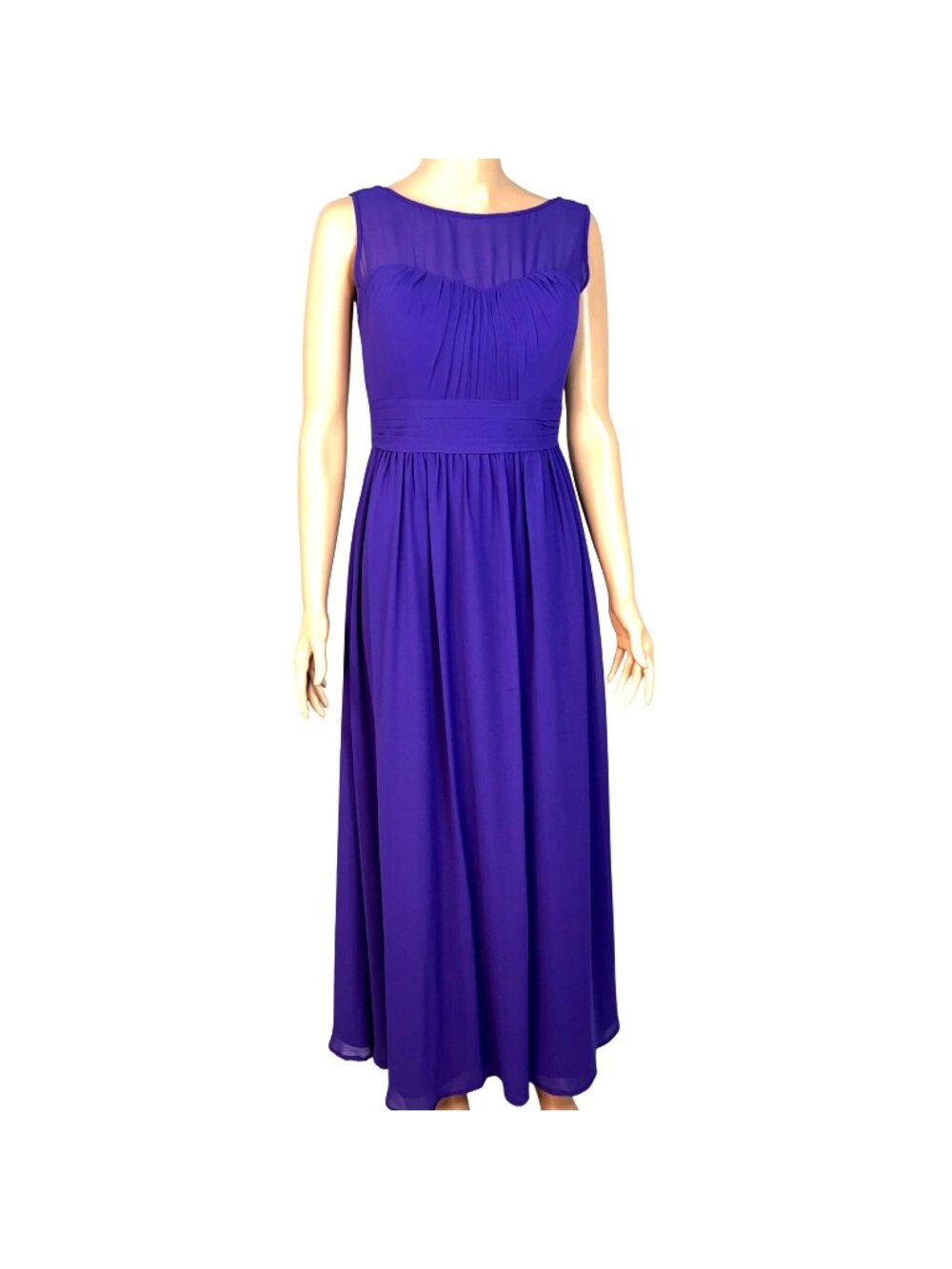 Bill Levkoff Purple Sleeveless Ruched Chiffon Gown With Sheer Neckline & V-Back